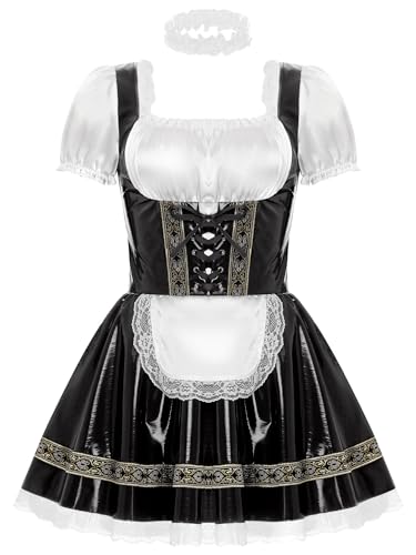 Aislor Damen Dienstmädchen Kostüm Wetlook Lederkleid Maid Kostüm mit Spitze Haarband Minikleid Clubwear Babydoll Halloween Cosplay Kostüm D Schwarz XXL von Aislor