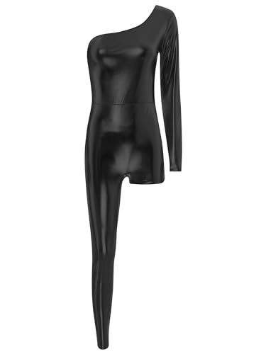 Aislor Damen Disco Kostüm Metallic Jumpsuit Asymmetrisch One Shoulder Bodysuit Overall Catsuit Karneval Fasching Kostüm Schwarz 3XL von Aislor