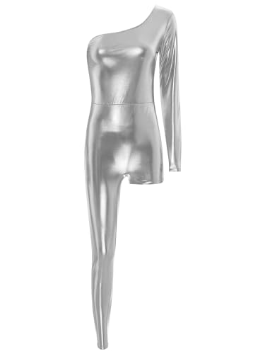 Aislor Damen Disco Kostüm Metallic Jumpsuit Asymmetrisch One Shoulder Bodysuit Overall Catsuit Karneval Fasching Kostüm Silber M von Aislor