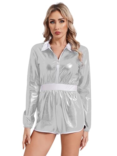 Aislor Damen Disco Kostüm Metallisch Glänzend Bodysuit Langarm Jumpsuit Reißverschluss Trainingsanzug Jogging Yoga Clubwear Fasching Kostüm Silber XXL von Aislor