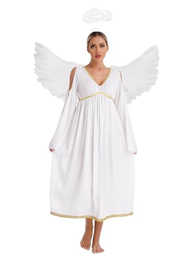 Aislor Damen Engel Kostüm Schulterfrei Engel kleid mit Engelsflügel und Heiligensch V-Ausschnitt Trompetenärmel Kleid Cosplay Set Karnevals Fasching kostüm clubwear Elfenbein XXL von Aislor