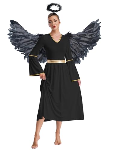 Aislor Damen Engel Kostüm Weiß Engel Kleid mit Engelsflügel und Heiligenschein Griechische Göttin Kostüm V-Ausschnitt Kleid Karneval Fasching Kostüm Cosplay Set Clubwear Schwarz S von Aislor