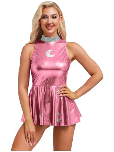 Aislor Damen Glitzer Metallic Partykleid Holographic Ärmellos Minikleid Mini Faltenkleid Tanzkleid Rave Outfit Nachtclubs Clubwear Rosa 3XL von Aislor