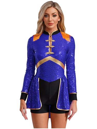 Aislor Damen Glitzer Zirkus Kostüm Zirkus Bodysuit Langarm Neckholder Uniform Mit Quasten Showman Cosplay Set Tanzbody Karneval Fasching Kostüm Clubwear Mottopartys Königsblau 4XL von Aislor