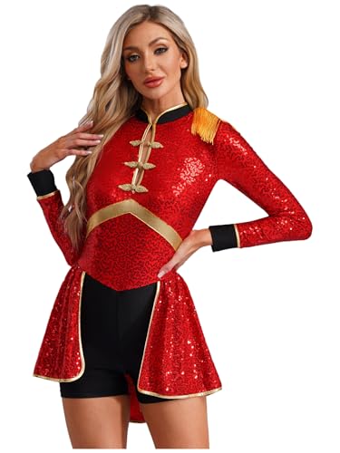 Aislor Damen Glitzer Zirkus Kostüm Zirkus Bodysuit Langarm Neckholder Uniform Mit Quasten Showman Cosplay Set Tanzbody Karneval Fasching Kostüm Clubwear Mottopartys Rot 3XL von Aislor