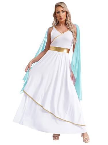 Aislor Damen Griechische Göttin Kostüm Antike Römische Toga Kleid Mit Chiffon Tuch Göttinnen Kostüm Halloween Karneval Kostüm Party Hellblau M von Aislor