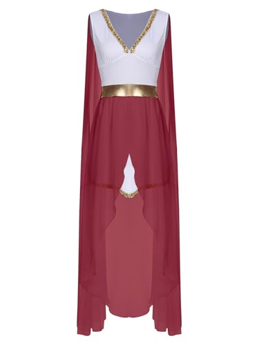 Aislor Damen Griechische Göttin Kostüm Antike Toga Kleid mit Chiffon Rock Göttinnen Kostüm Römische Kriegerin Kleid Halloween Karneval Kostüm Party Burgundy 4XL von Aislor