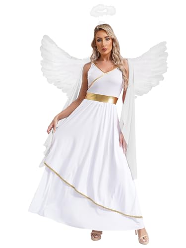 Aislor Damen Griechische Göttin Kostüm Engel Kostüm Prinzessin Kleid Ärmellos Toga Kleid Maxikleid mit Engelsflügeln Heiligenschein Karneval Kostüm Weiß 3XL von Aislor