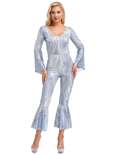 Aislor Damen Hippie Jumpsuit Langarm 60er 70er Jahre Kostüm Glitzer Disco Outfit Bodysuit mit Trompetenärmel Schlaghose Fasching Kostüm Rave Outfit Silber L von Aislor