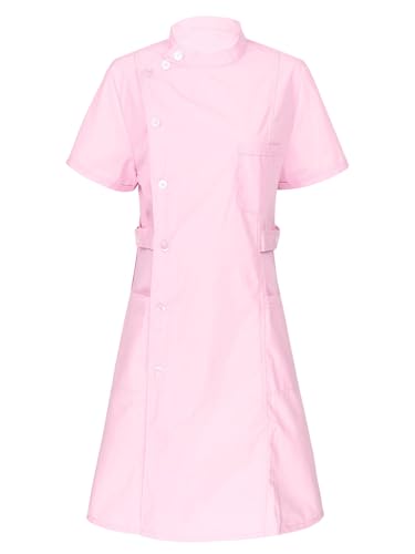 Aislor Damen Krankenschwester Kittel Arzt Ärztin Kostüm Kleid Laborkittel Arztkittel Mantel Artbeitskleidung Arztkleidung Gr. S-XXXL Rosa Rollkragen S von Aislor