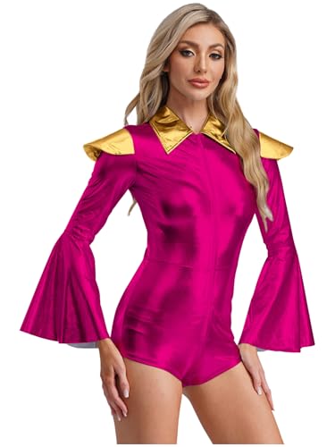 Aislor Damen Metaliic Body Einteiler Bodysuit Langarm Jumpsuit Catsuit Pu Leder Glänzend Overall Party Clubwear Alien Kostüm Karneval Kostüm Gold XXL von Aislor