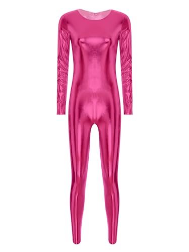Aislor Damen Metallic Body Langarm Bodysuit Einteiler Jumpsuit Overall Catsuit Spacegirl Kostüm Astronautin Karnevalskostüm Disco Tanz Kostüm Hot Pink 3XL von Aislor