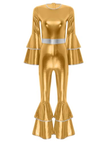 Aislor Damen Metallic Jumpsuit 70er 80er Disco Kleidung Flare Ärmel Lang Bodysuit Overall Einteiler Schlaghose Disco Kostüm Karneval Party Gold S von Aislor