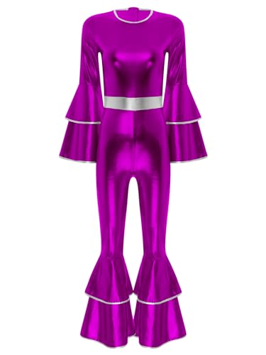 Aislor Damen Metallic Jumpsuit 70er 80er Disco Kleidung Flare Ärmel Lang Bodysuit Overall Einteiler Schlaghose Disco Kostüm Karneval Party Violett M von Aislor