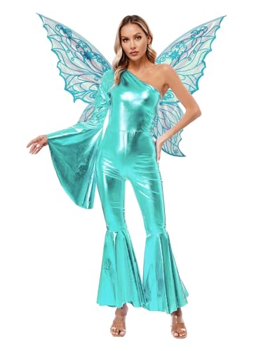 Aislor Damen Metallic Jumpsuit 70er 80er Disco Kleidung Glitzer Overall Schlaghose + Feenflügel Schmetterling Flügeln Disco Kostüm Karneval Party Blau L von Aislor