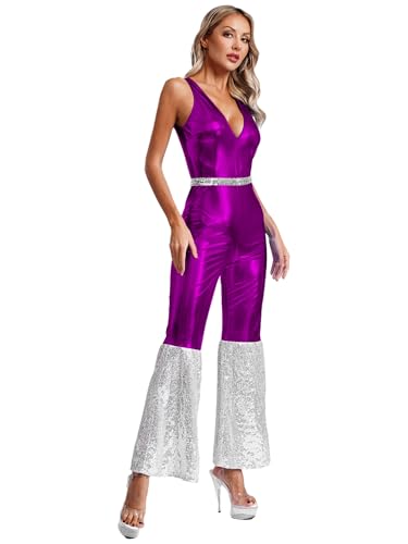 Aislor Damen Metallic Jumpsuit Disco Overall Pailletten Bodysuit Sclaghose Tank Top Rave Outfit Disco Fasching Party Violett L von Aislor