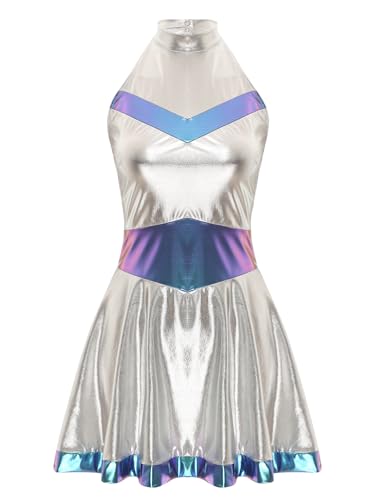 Aislor Damen Metallic Kleid Alien Kostüm Space Girl Kleid Weltraum Kostüm Minikleid Raumfahrer Kostüm Faltenkleid Karneval Fasching Kostüm Blau 3XL von Aislor