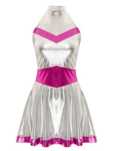 Aislor Damen Metallic Kleid Alien Kostüm Space Girl Kleid Weltraum Kostüm Minikleid Raumfahrer Kostüm Faltenkleid Karneval Fasching Kostüm Hot Pink M von Aislor