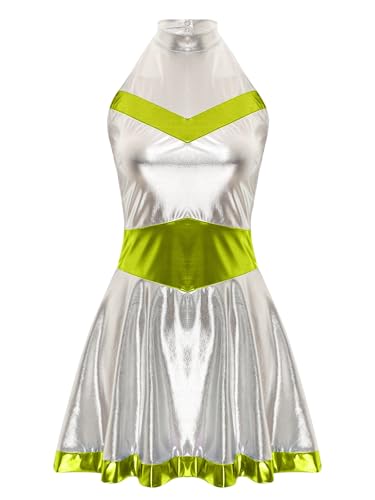 Aislor Damen Metallic Kleid Alien Kostüm Space Girl Kleid Weltraum Kostüm Minikleid Raumfahrer Kostüm Faltenkleid Karneval Fasching Kostüm Leuchtendes Grün L von Aislor