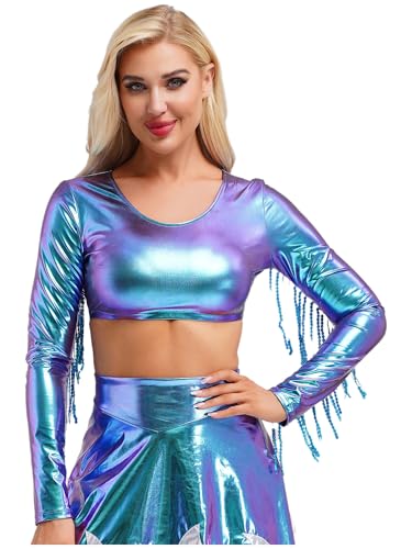 Aislor Damen Metallic Kostüm Set Fransen Bauchfrei Oberteil mit Glitzer Rock Disco Tanzkostüm Langarm Lack Leder Nachtclub Outfit Rave Out Blau S von Aislor