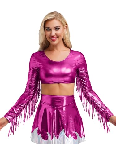 Aislor Damen Metallic Kostüm Set Fransen Bauchfrei Oberteil mit Glitzer Rock Disco Tanzkostüm Langarm Lack Leder Nachtclub Outfit Rave Out Hot Pink M von Aislor