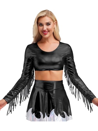 Aislor Damen Metallic Kostüm Set Fransen Bauchfrei Oberteil mit Glitzer Rock Disco Tanzkostüm Langarm Lack Leder Nachtclub Outfit Rave Out Schwarz L von Aislor