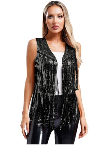 Aislor Damen Pailletten Weste Ärmellose Jacke Cowgirl Weste Bolero Vorne Offen Fransen Weste Strickjacke 70er Kleidung Disco Fasching Party Schwarz L von Aislor