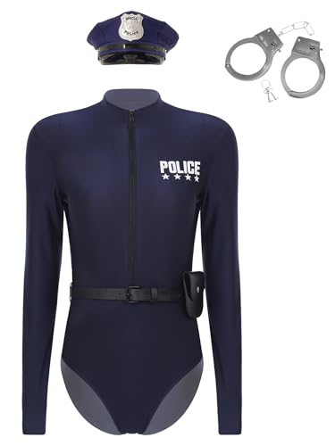 Aislor Damen Polizei Kostüm Body + Gürtel + Geldbörse + Mütze + Handschnelle Langarm Overall Cop Costume Komplettes Outfit Halloween Karneval Kostüm Navy blau 3XL von Aislor