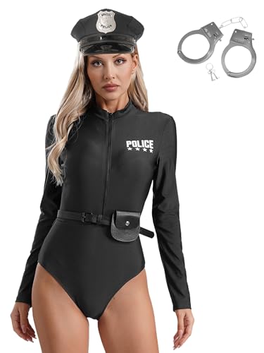 Aislor Damen Polizei Kostüm Body + Gürtel + Geldbörse + Mütze + Handschnelle Langarm Overall Cop Costume Komplettes Outfit Halloween Karneval Kostüm Schwarz 3XL von Aislor