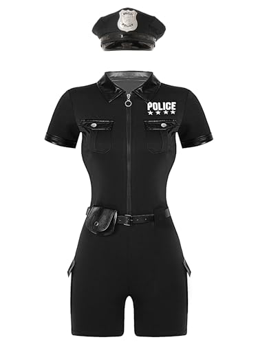 Aislor Damen Polizei Kostüm Polizistin Uniform Bodysuit Jumpsuit Overall + Mütze + Gürtel + Handtasche Cop Costume Komplettes Outfit Halloween Kostüm Schwarz 3XL von Aislor