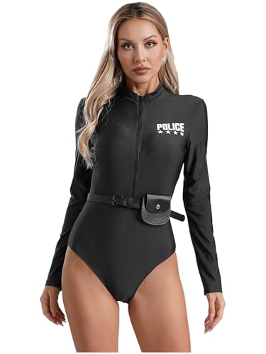 Aislor Damen Polizei Kostüm Polizistin Uniform mit Gürtel Geldbörse Langarm Body Reißverschluss Cop Costume Komplettes Outfit Halloween Karneval Party Schwarz 3XL von Aislor