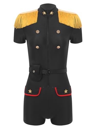 Aislor Damen Polizistin Kostüm Polizei Officer Uniform Einteiliger Overall Bodysuit mit Gürtel Geldbörse Cop Outfit Halloween Karneval Fasching Kostüm Schwarz 3XL von Aislor