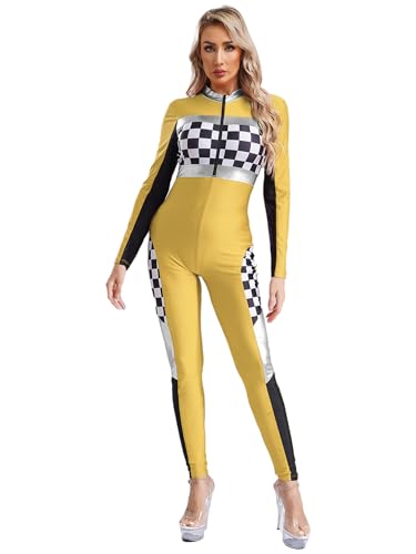 Aislor Damen Rennfahrer Kostüm Jumpsuit Karneval Kostüm Rennfahrer Langarm Bodysuit Overall Formel 1 Kostüm Race Girl Kostüm Halloween Cosplay Outfit Gelb XL von Aislor