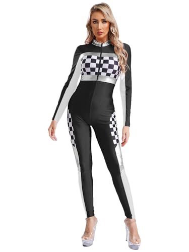 Aislor Damen Rennfahrer Kostüm Jumpsuit Karneval Kostüm Rennfahrer Langarm Bodysuit Overall Formel 1 Kostüm Race Girl Kostüm Halloween Cosplay Outfit Schwarz L von Aislor