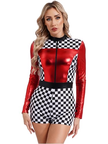 Aislor Damen Rennfahrer Kostüm Jumpsuit Overall Rennfahrer Langarm Bodysuit Formel 1 Kostüm Race Girl Kostüm Halloween Party Wettbewerb Mottrrad Rot 3XL von Aislor