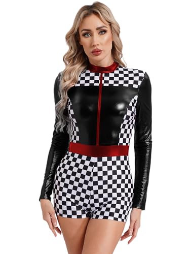 Aislor Damen Rennfahrer Kostüm Jumpsuit Overall Rennfahrer Langarm Bodysuit Formel 1 Kostüm Race Girl Kostüm Halloween Party Wettbewerb Mottrrad Schwarz L von Aislor