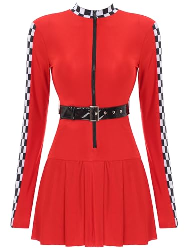 Aislor Damen Rennfahrer Kostüm Kleid Langarm Slim Fit Minikleid mit Zipper Gürtel Pullover Kleid Tenniskleid Halloween Karneval Party A Rot 3XL von Aislor