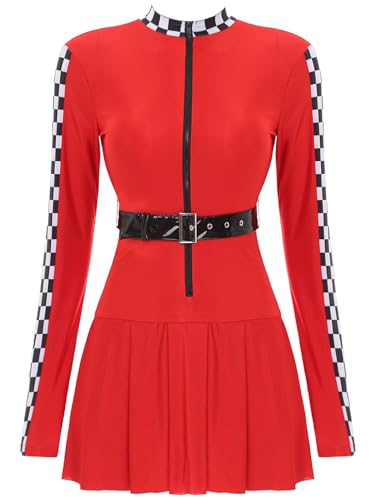 Aislor Damen Rennfahrer Kostüm Halloween Kleid Langarm Slim Fit Minikleid Mit Zipper Gürtel Pullover Kleid Tenniskleid Karnevalskostüm A Rot S Aislor Damen Rennfahrer Kostüm Halloween Kleid Langarm Slim Fit Minikleid Mit Zipper Gürtel Pullover Kleid Tenniskleid Karnevalskostüm A Rot S von Aislor