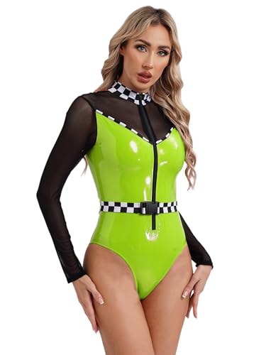 Aislor Damen Rennfahrer Kostüm Wetlook Bodysuit Langarm Rennfahrer Jumpsuit Overall Formel 1 Kostüm Race Girl Kostüm Halloween Karneval Party Clubwear Grün L von Aislor