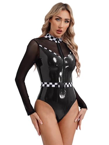 Aislor Damen Rennfahrer Kostüm Wetlook Bodysuit Langarm Rennfahrer Jumpsuit Overall Formel 1 Kostüm Race Girl Kostüm Halloween Karneval Party Clubwear Schwarz XL von Aislor