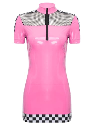 Aislor Damen Rennfahrer Kostüm Wetlook Leder Bodycon Kleid Rennfahrer Minikleid Reißverschluss Partykleid Race Girl Kostüm Clubwear Fasching Kostüm Rosa XXL von Aislor