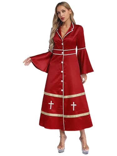 Aislor Damen Römisch Katholische Kirche Priest Robe Minister Kostüm Halloween Cosplay Fasching Karneval Clubwear Burgundy XXL von Aislor