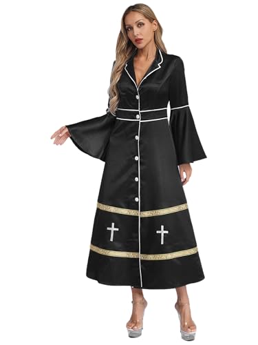 Aislor Damen Römisch Katholische Kirche Priest Robe Minister Kostüm Halloween Cosplay Fasching Karneval Clubwear Schwarz 3XL von Aislor