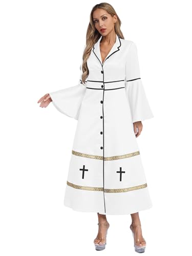 Aislor Damen Römisch Katholische Kirche Priest Robe Minister Kostüm Halloween Cosplay Fasching Karneval Clubwear Weiß 3XL von Aislor