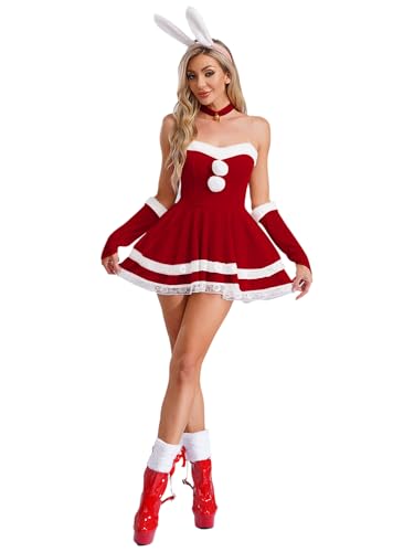 Aislor Damen Weihnachten Kostüm Ärmellos Weihnachtskleid Minikleid + Haarband + Halsband + Armstulpen Weihnachsfeier Unterwäsche Rot B M von Aislor