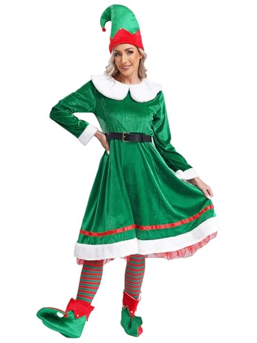 Aislor Damen Weihnachten Kostüm Wichtel Kostüm Elfenkostüm Samt Weihnachtskleid A-Linie Kleid + Elfenmützen + Elfenschuhe + Socken Weihnachtsfeier Party Grün 3XL von Aislor