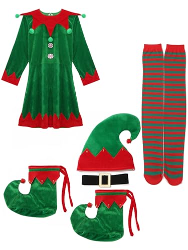 Aislor Damen Weihnachtself Kostüm Wichtel Kostüm Elfenkostüm Langarm Weihnachtskleid + Elfenmützen + Elfenschuhe + Socken Weihnachtsfeier Karneval Party Grün 3XL von Aislor