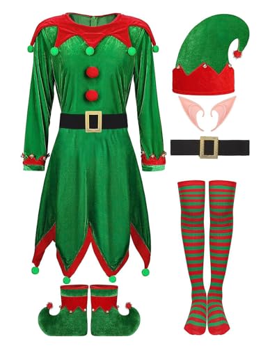 Aislor Damen Weihnachtself Kostüm Wichtel Kostüm Elfenkostüm Langarm Weihnachtskleid + Elfenmützen + Elfenschuhe + Socken Weihnachtsfeier Karneval Party Grün A L von Aislor