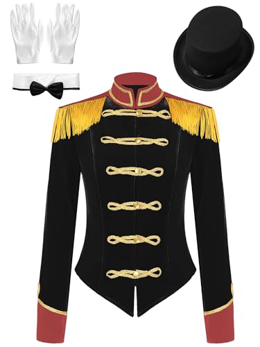 Aislor Damen Zirkus Kostüm 4er-Set Zirkus Direktor Dompteur Kostüm Langarm Fransen Jacke Samt Blazerjacke Stehkragen Mantel Halloween Kostüm A Schwarz L von Aislor