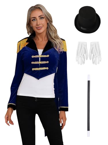 Aislor Damen Zirkus Kostüm Samt Frack Jacke mit Hut Handschuhe und Zauberstab Vintage Mantel Showman Ringmaster Uniform Karneval Kostüm Clubwear Navy blau 3XL von Aislor